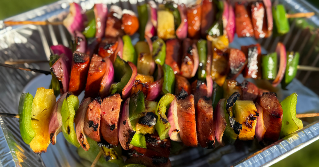 kampfire kabobs with smoked sausage and veggies