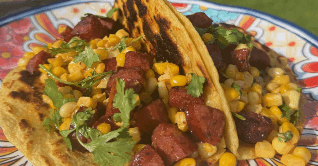 Jalapeno sausage and Mexican street corn tacos.