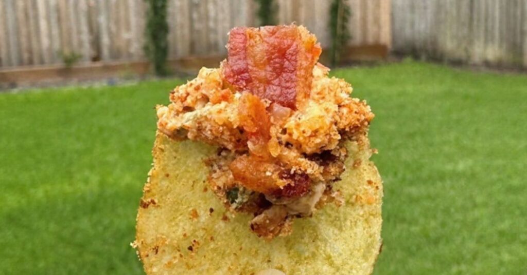 Bacon fried pickle dip on a chip.