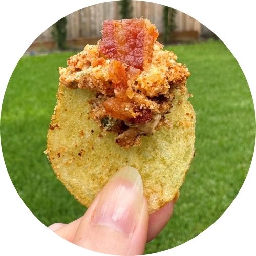 Bacon fried pickle dip on a chip.