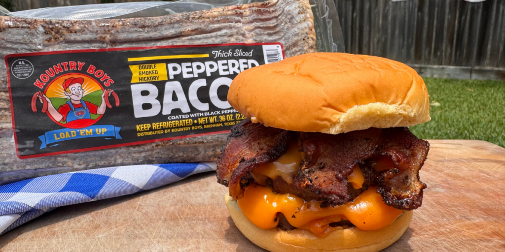 crispy peppered bacon strips for a smokehouse bacon cheeseburger