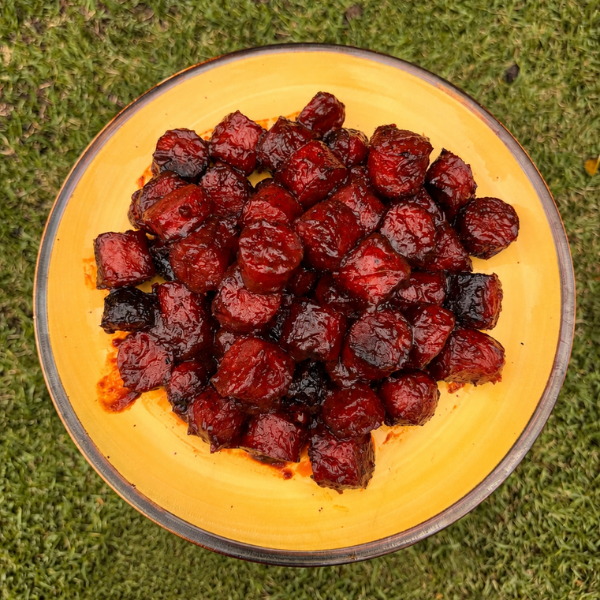 smoked sausage burnt ends on a plate
