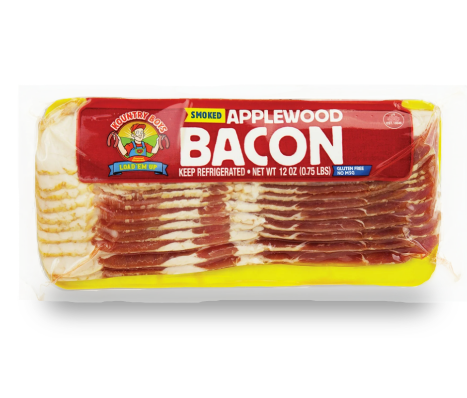 Kountry Boys Smoked Applewood Bacon, 12 oz vacuum-sealed package showing sliced bacon, gluten free and no MSG