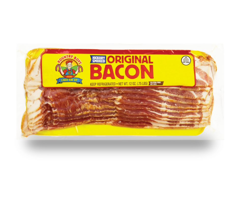 Kountry Boys Hickory Smoked Original Bacon, 12 oz vacuum-sealed package showing sliced bacon, gluten free and no MSG